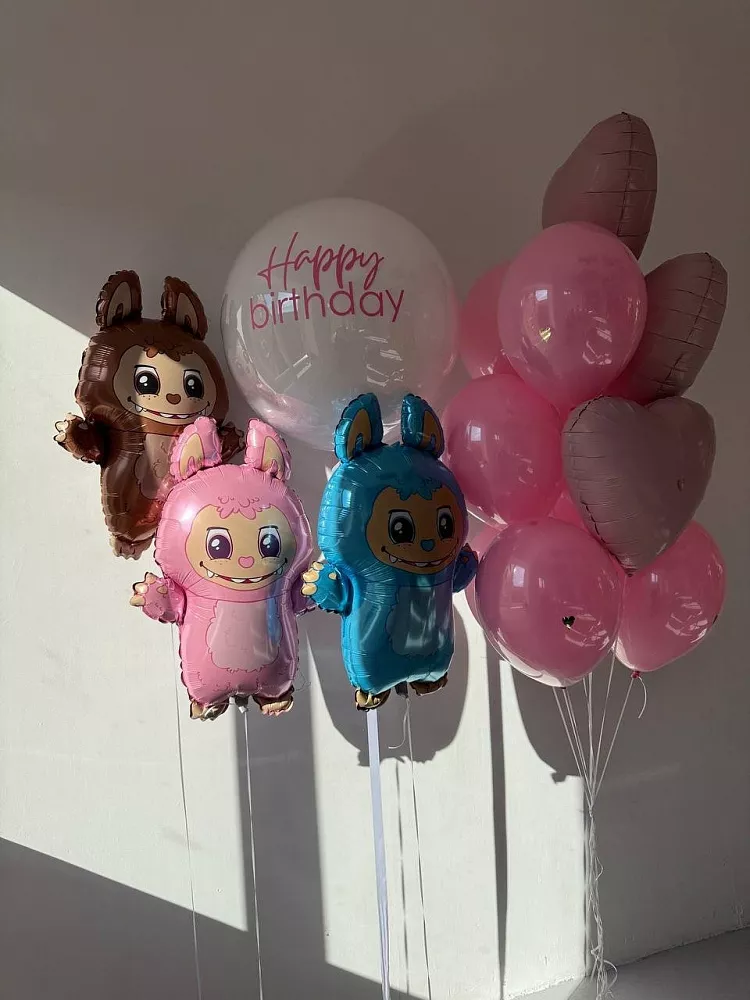 Набор шаров с фигурами Лабубу и шаром-баблс «Happy Birthday»