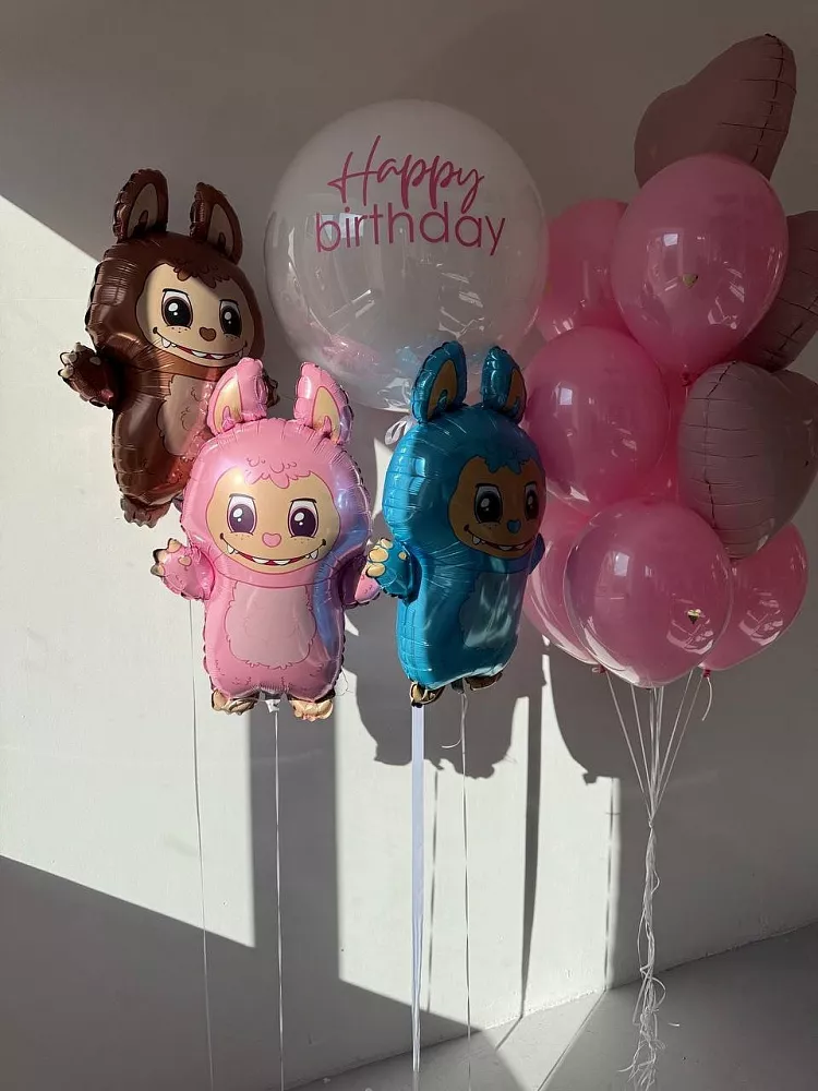 Набор шаров с фигурами Лабубу и шаром-баблс «Happy Birthday»