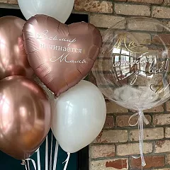 Букет шаров «Мама, спасибо за всё!» с сердцем и баблс с перьями