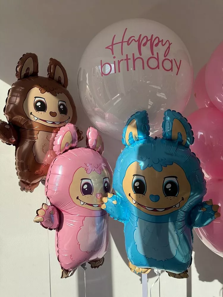 Набор шаров с фигурами Лабубу и шаром-баблс «Happy Birthday»
