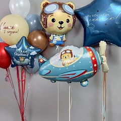 Композиция из шаров «Мишка пилот» с самолетом и звездой на день рождения мальчика