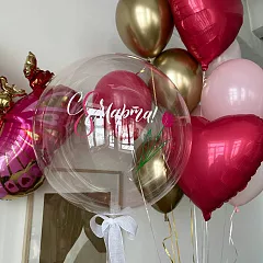 Букет шаров на 8 Марта с бабочкой и прозрачным bubble-шаром «С 8 Марта!»