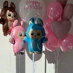 Набор шаров с фигурами Лабубу и шаром-баблс «Happy Birthday»