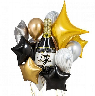 Сет из шаров на новый год с шампанским и остроконечной звездой