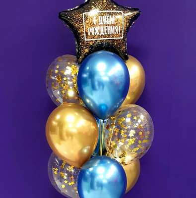 Фонтан из шаров со звездой с надписью "С днем рождения!"